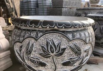 绵阳青石仿古荷花水缸雕塑