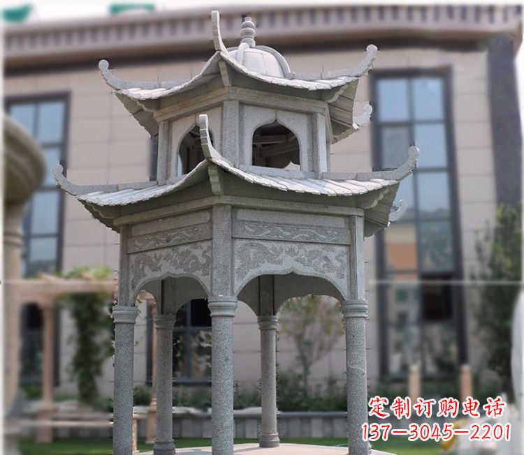 绵阳小区大理石六角石雕双层凉亭