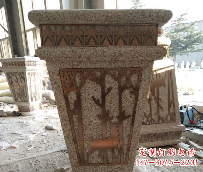 绵阳小区大理石梅花鹿石浮雕花盆
