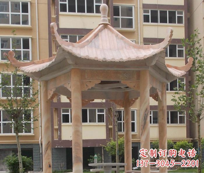 绵阳小区晚霞红六角凉亭石雕