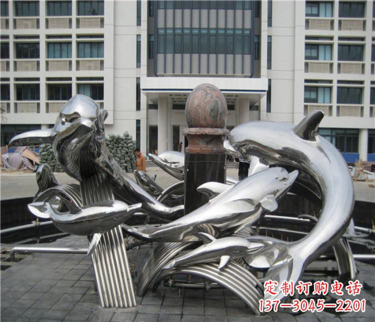 绵阳校园不锈钢海豚海浪雕塑