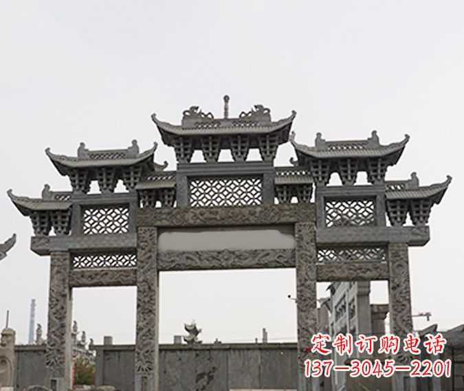 绵阳园林仿古三门牌坊石雕 (4)