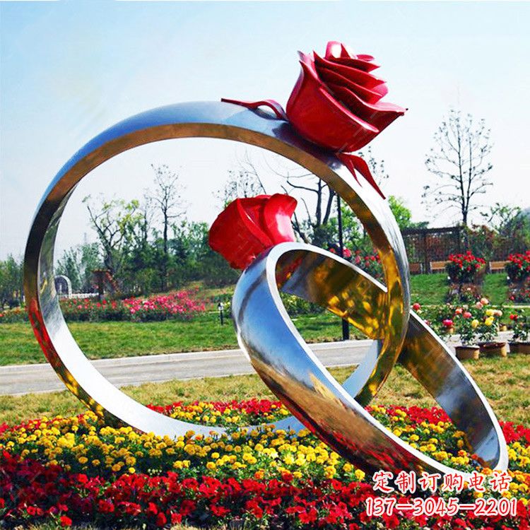 绵阳园林花丛不锈钢玫瑰花戒指雕塑