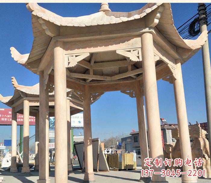 绵阳园林景观晚霞红六角石雕凉亭 (2)
