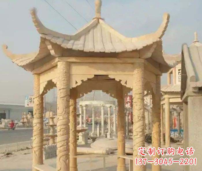 绵阳园林景观晚霞红六角石雕凉亭 (3)