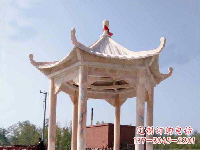 绵阳园林景观晚霞红六角石雕凉亭