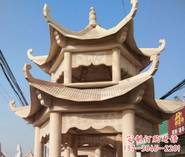 绵阳园林景观晚霞红双层石雕凉亭 (2)