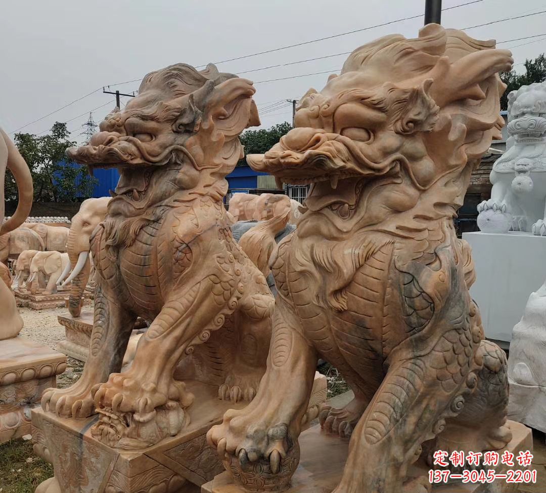 绵阳园林晚霞红古代招财神兽麒麟石雕