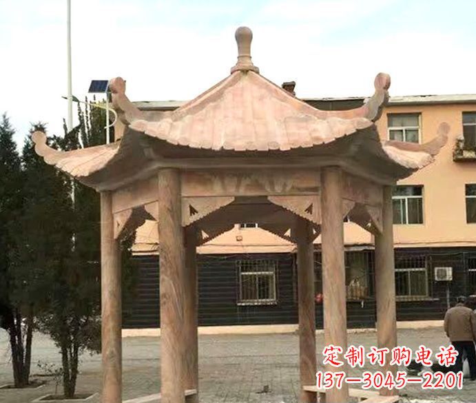 绵阳园林晚霞红六角石雕凉亭