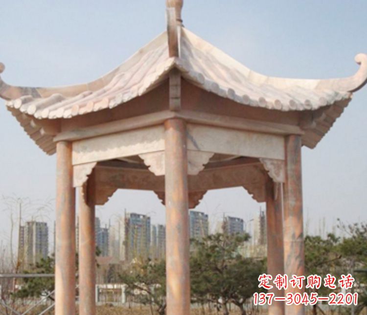 绵阳园林晚霞红六角石凉亭景观石雕