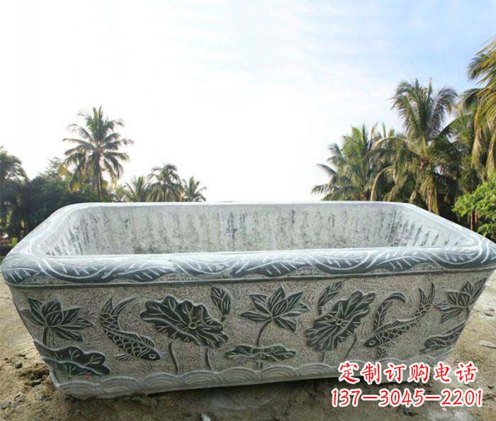绵阳长方形连年有余荷花浮雕石水缸