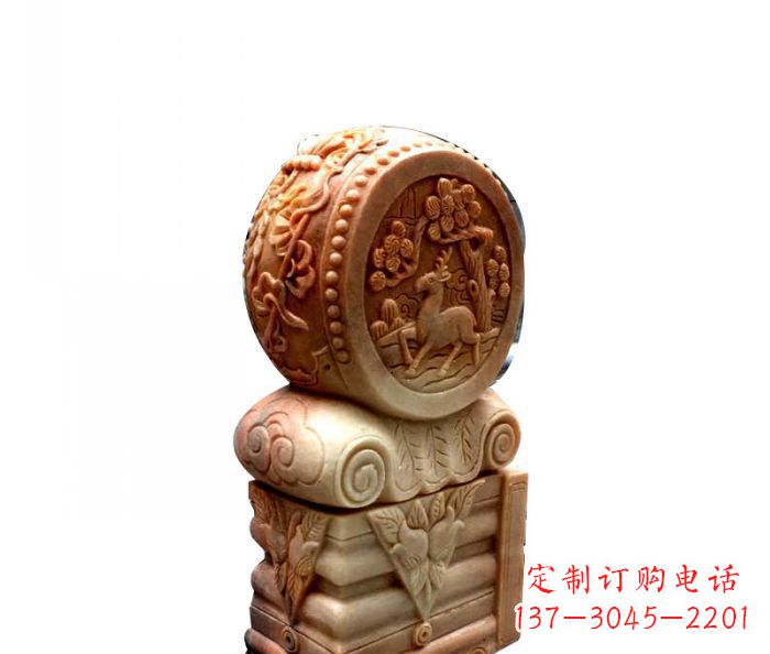 绵阳招财石门墩晚霞红抱鼓石