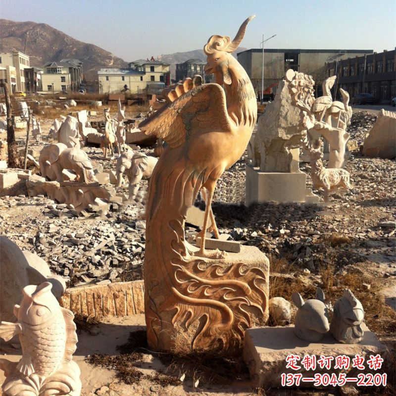 绵阳中国文化元素神鸟凤凰晚霞红石雕