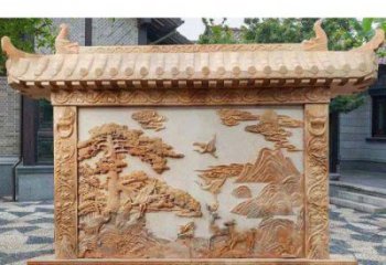 绵阳园林景观晚霞红松鹤石浮雕影壁