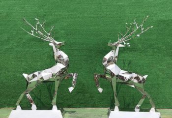 绵阳梅花鹿雕塑-公园两只不锈钢镜面梅花鹿雕塑